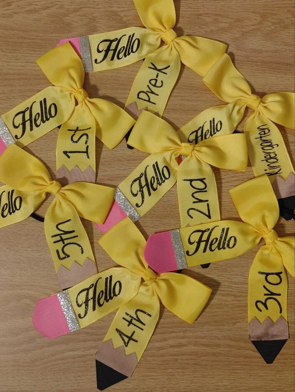 Back To School Yellow, Pink, Black & Silver Bow W/Elastic Hair Tie Personalized